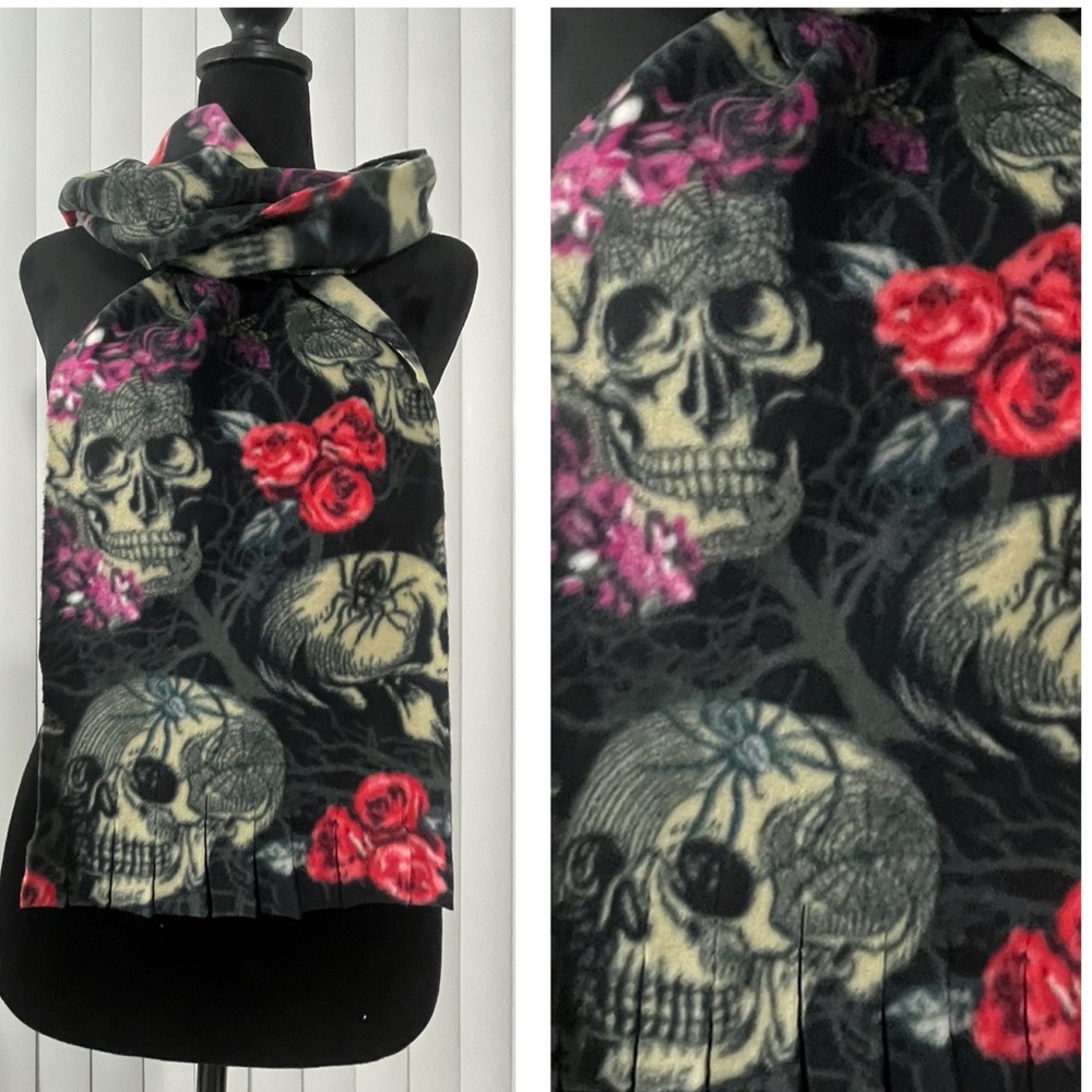Handmade Skull Rose Spider Goth Print Anti-Pill Fleece Scarf Black Red Purple
